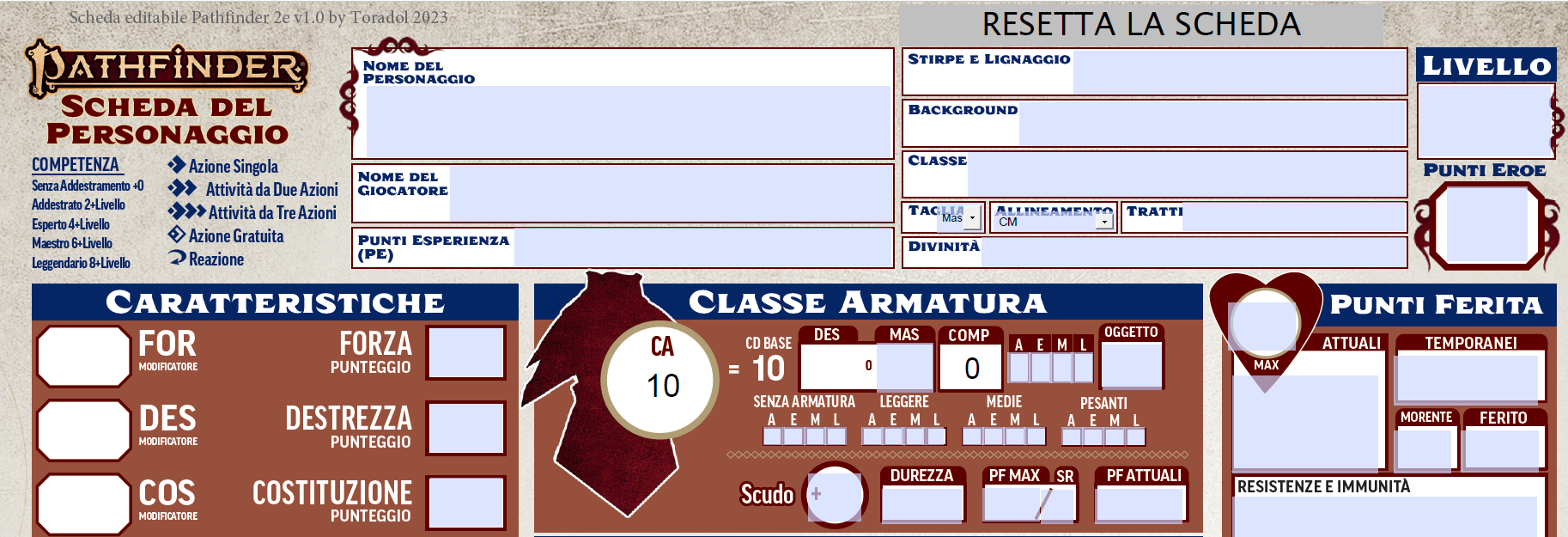 Scheda editabile Pathfinder 2e in Italiano